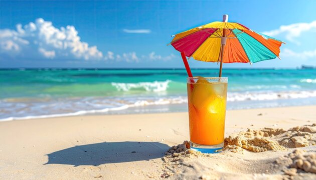 Bright Orange Yellow Cocktail Drink with Colorful Umbrella and Straw Sitting on Sandy Beach with Turquoise Water and White Clouds in Background on a Sunny Day
