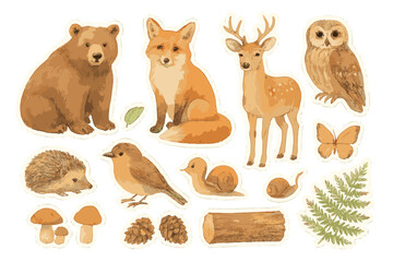 Fototapeta premium Watercolor Forest Stickers. Forest Dwellers. Realistic hand-painted watercolor style sticker sheet of forest