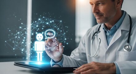 Healthcare Professional's Digital Insight: A focused healthcare professional interacts with a digital display, representing patient care and medical innovation with futuristic elements.