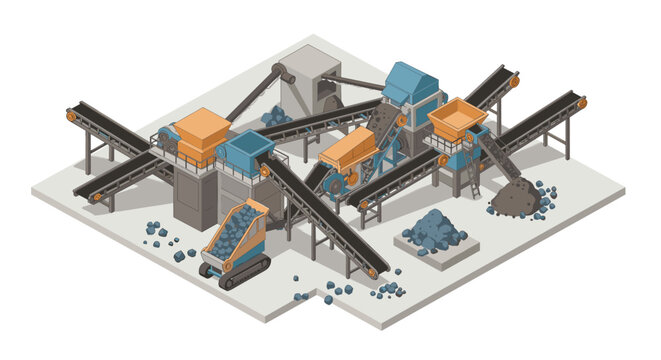 Isometric industrial conveyor system with crushers and hoppers