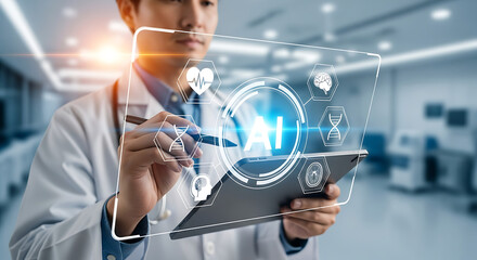 Healthcare Innovation: A doctor utilizes advanced digital technology in a modern medical setting, focusing on the future of healthcare.