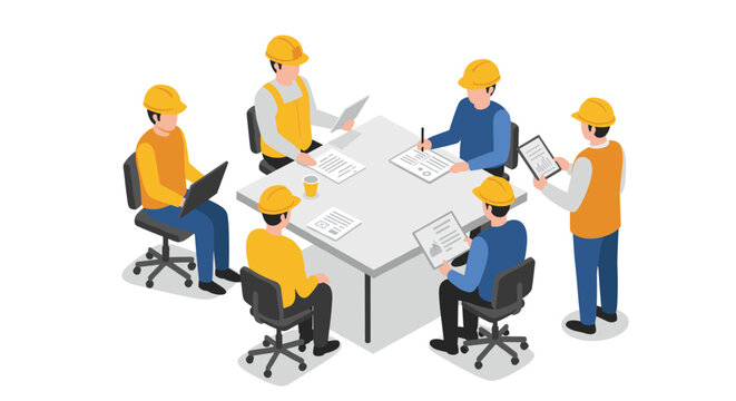 Construction team meeting in isometric style with workers discussing blueprints and reports