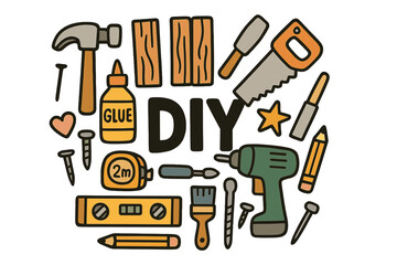 DIY Woodwork Doodles. DIY wood projects. Hand-drawn doodle illustration of DIY wood projects. Hammer, saw,