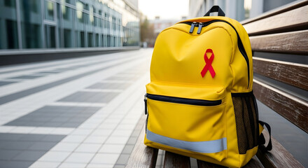 Yellow backpack with a red ribbon symbol of HIV/AIDS awareness resting on a park bench outdoors, symbolizing hope and support for the cause