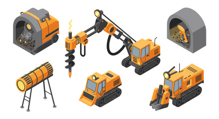 Fototapeta premium Isometric construction machinery set featuring industrial equipment on white background