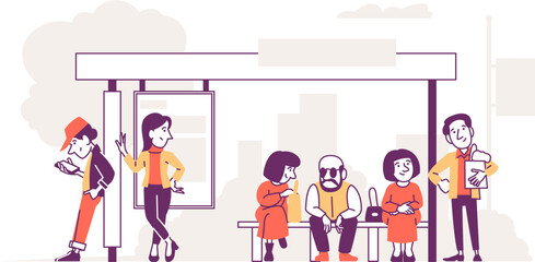 People waiting at bus stop. Urban lifestyle scene with diverse characters.