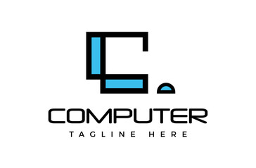 Letter C Computer Logo Design, Minimal PC Logo, computer hardware logo, digital monitor with mouse logo, desktop keyboard workplace Vector Icon Symbol Silhouette Illustration brand business company