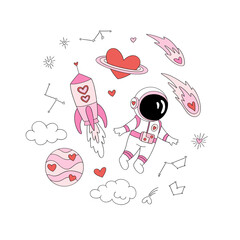 Cosmic Outer Space Astronaut Love Planet Rocket Clipart, Retro Valentines Day Galaxy Illustrations for Scrapbooking and Stickers