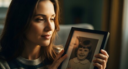 Conceptual woman holding photo frame of her childhood symbolizing memory emotion and personal growth