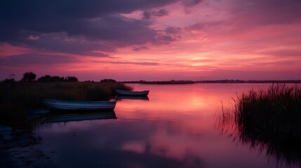Obraz premium Vibrant crimson and purple sunset reflected on a tranquil lake with two boats near reeds