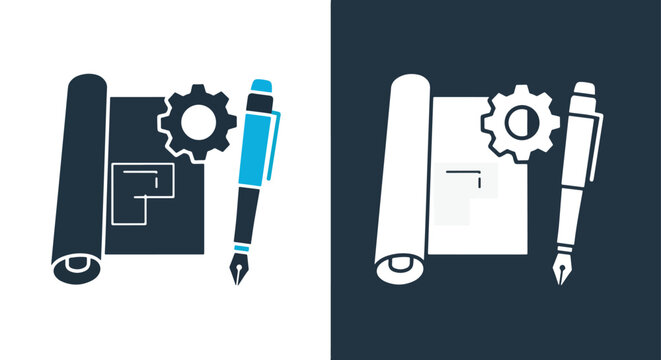 Blueprint pen gear design icon - Vector icon symbol for website - Icon vector - Blue icon vector - Line and glyph solid icon and logo template
