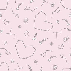 Retro Romantic Cosmic Outer Space Love Constellation Seamless Pattern, Valentine Galaxy Background for Textile and Wrapping Paper