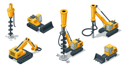 Construction machinery collection with isometric drilling and excavator equipment