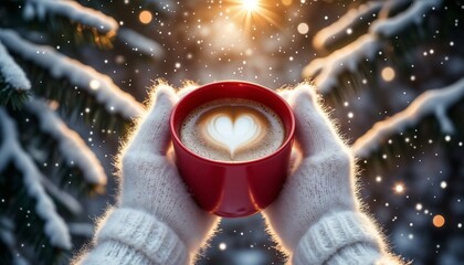 Cappuccino in a coffee cup in the hands of a woman in white mittens and a sweater in a winter forest, lights and a cozy winter atmosphere