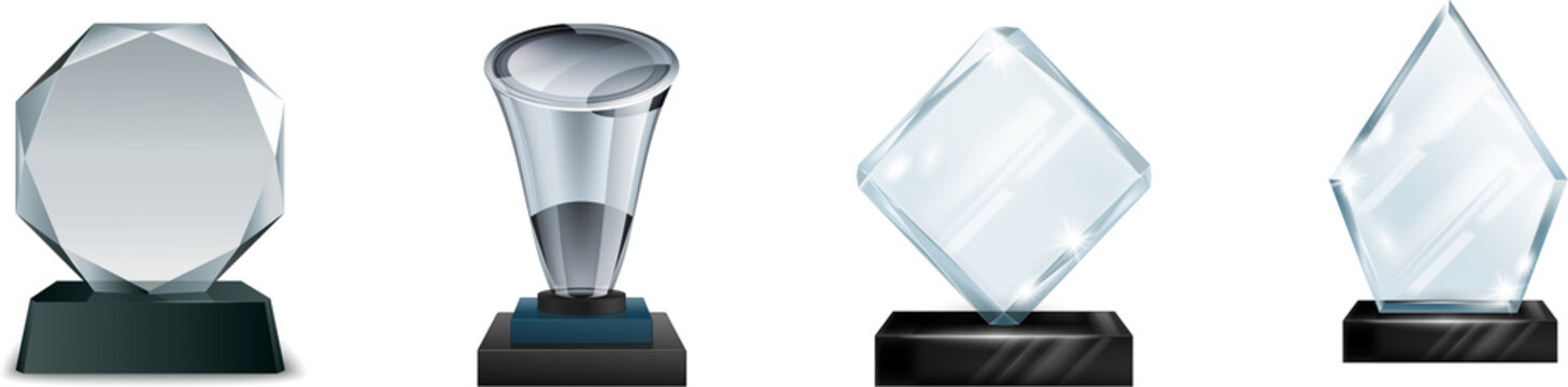 Crystal glass trophy awards transparent glass crystal award blank trophy transparent Set of 3D glass trophies isolated on transparent background rhombus shape winner awards on plastic, stone platforms