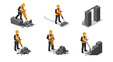 Isometric construction workers using jackhammers on concrete blocks
