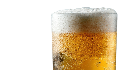A chilled beer glass with condensation, filled with a light lager, foam sitting gently on top, set to highlight its crisp and clean appearance isolated on a Transparent background, PNG file.