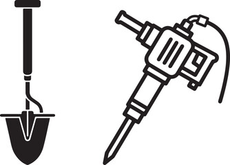 Minimalist Black and White Shovel and Jackhammer Vector Graphics