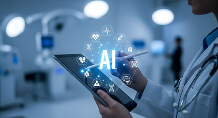 AI in Healthcare: A doctor interacts with an advanced digital interface, showcasing the transformative integration of artificial intelligence in modern healthcare practices. 