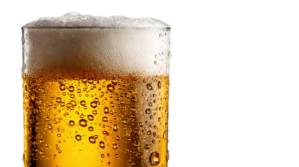 A chilled beer glass with condensation, filled with a light lager, foam sitting gently on top, set to highlight its crisp and clean appearance isolated on a Transparent background, PNG file.