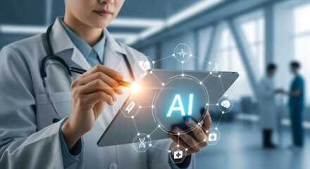 AI in Medicine: A medical professional employs cutting-edge AI technology, symbolizing advancements in healthcare through digital tools and innovations.