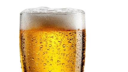 A chilled beer glass with condensation, filled with a light lager, foam sitting gently on top, set to highlight its crisp and clean appearance isolated on a Transparent background, PNG file.