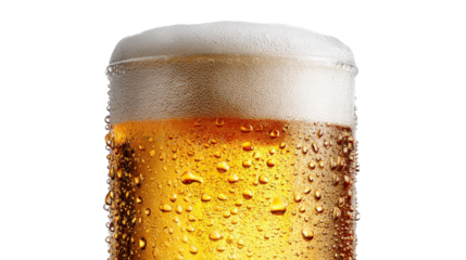 A chilled beer glass with condensation, filled with a light lager, foam sitting gently on top, set to highlight its crisp and clean appearance isolated on a Transparent background, PNG file.