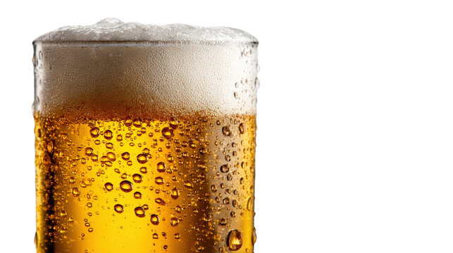 A chilled beer glass with condensation, filled with a light lager, foam sitting gently on top, set to highlight its crisp and clean appearance isolated on a Transparent background, PNG file. - Powered by Adobe
