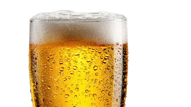 A chilled beer glass with condensation, filled with a light lager, foam sitting gently on top, set to highlight its crisp and clean appearance isolated on a Transparent background, PNG file.