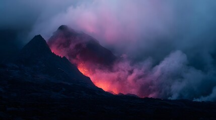 Fototapeta premium Dramatic volcanic eruption with glowing lava flows illuminating dark misty clouds and rugged terrain