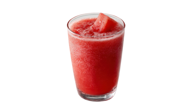 A chilled glass of watermelon juice, perfectly poured and bright in color, resting to showcase its freshness and vibrancy isolated on a Transparent background, PNG file.