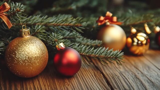 Video Christmas New Years banner red golden ornament balls fir tree branches garland lights on wood background. Template with copy space