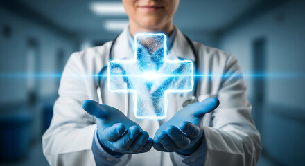 Healthcare's Guiding Light: A medical professional cradles a glowing cross symbol, embodying the principles of healing and hope within a modern medical environment. 