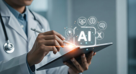 Medical AI Technology: A close-up shot of a medical professional, holding a digital tablet with advanced artificial intelligence graphics that represent the future of medicine. Capturing innovation.