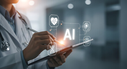 AI in Healthcare: A doctor interacts with medical data on a digital tablet, symbolizing the convergence of technology and healthcare.