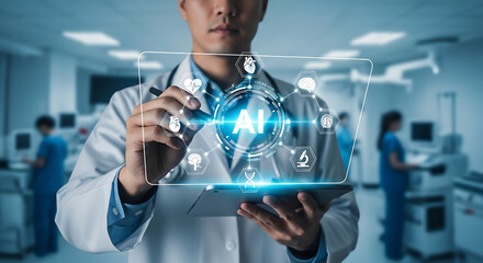 Future of Healthcare: A doctor interacts with an advanced AI interface, highlighting the integration of cutting-edge technology in modern healthcare. The scene conveys innovation. 