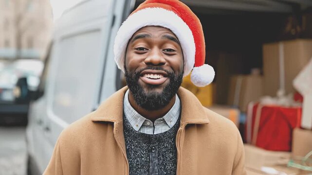 Cheerful African American delivery man wearing Santa hat and stylish coat is smiling and holding wrapped Christmas present in front of an open delivery van full of packages. Christmas delivery