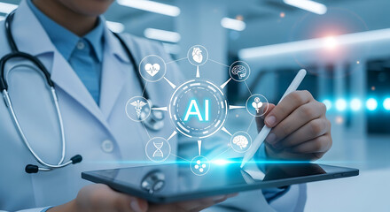 Medical Technology: A doctor in a white coat embraces the futuristic world of medical technology, holding a tablet and a stylus.