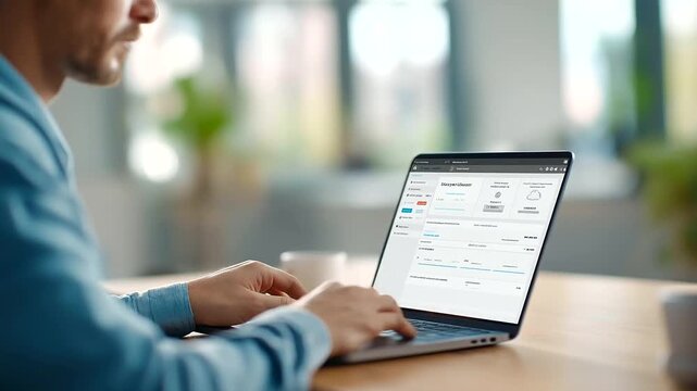 User on laptop with secure cloud storage defocused workspace, faceless file management, backup visualization detail, blurred office background, data protection concept, online priv