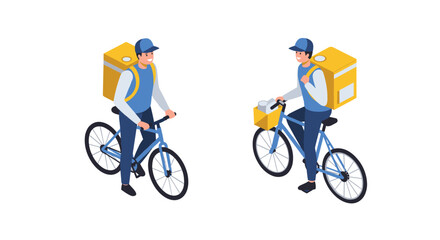 Fototapeta premium Isometric bicycle delivery service: couriers with backpacks and bicycles