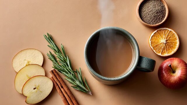 Warm beverage with cinnamon and citrus slice amidst fresh apple arrangement