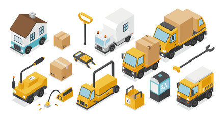 Isometric construction and delivery vehicles with tools and boxes in yellow color scheme