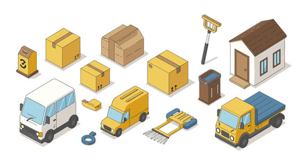 Isometric mail delivery and logistics set with trucks, boxes, and tools