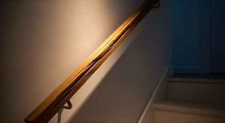 Dramatic lighting highlighting a prominent split in an old wooden banister on an interior stairway