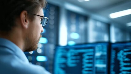 Engineer working in server room with network defocused racks, faceless data center, cybersecurity visualization detail, blurred computer background, data analytics concept, trouble - Powered by Adobe
