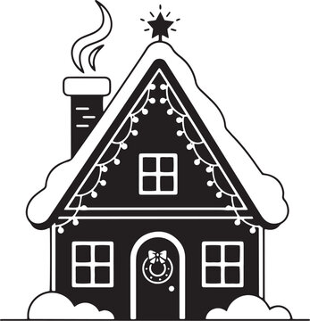 A black and white illustration of a snow-covered house with a chimney and Christmas lights.