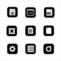 Collection of nine black square icons with white symbols for user interface, settings, and document management