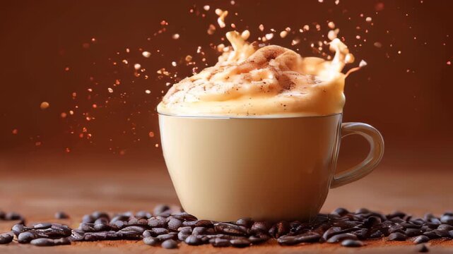 Coffee cup splashing creamy froth with coffee beans scattered around on a wooden surface