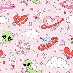 Retro Romantic Cosmic Outer Space Extraterrestrial Alien UFO Love Seamless Pattern, Valentine Galaxy Background for Textile and Wrapping Paper