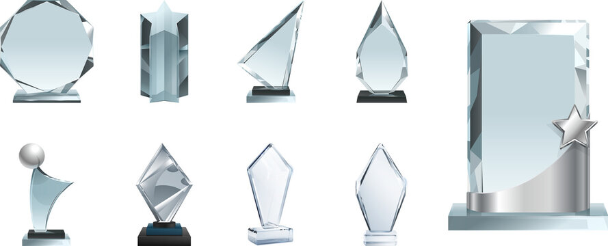 Crystal glass trophy awards transparent glass crystal award blank trophy transparent Set of 3D glass trophies isolated on transparent background rhombus shape winner awards on plastic, stone platforms